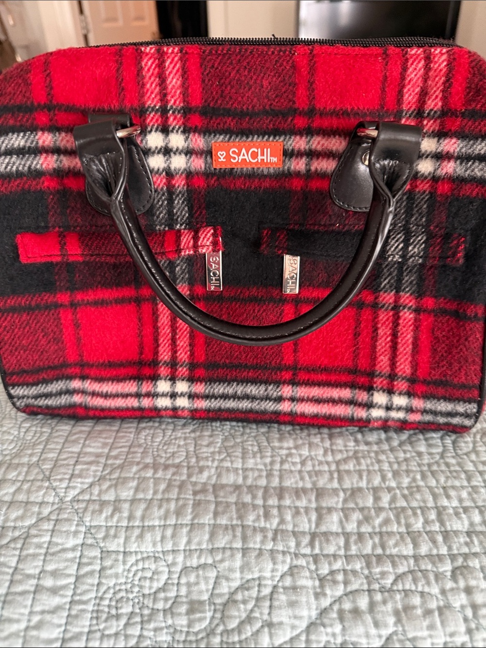 SACHI Red Black Plaid Wool insulated lunch bag with  Black Handles
